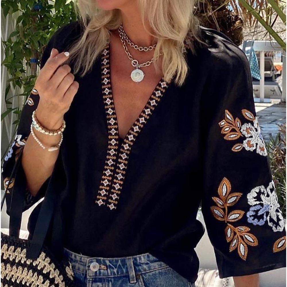 Black Bohemian‎ Floral Embroidered V Neck Blouse